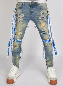 Locked & Loaded Jeans - Straps - Mid Blue And Royal Blue - LLCDP0925562