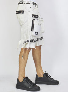 Locked & Loaded Shorts - White Cotton Twill - Featuring 3D Cargo Pockets - White / Black Print - LDS421102