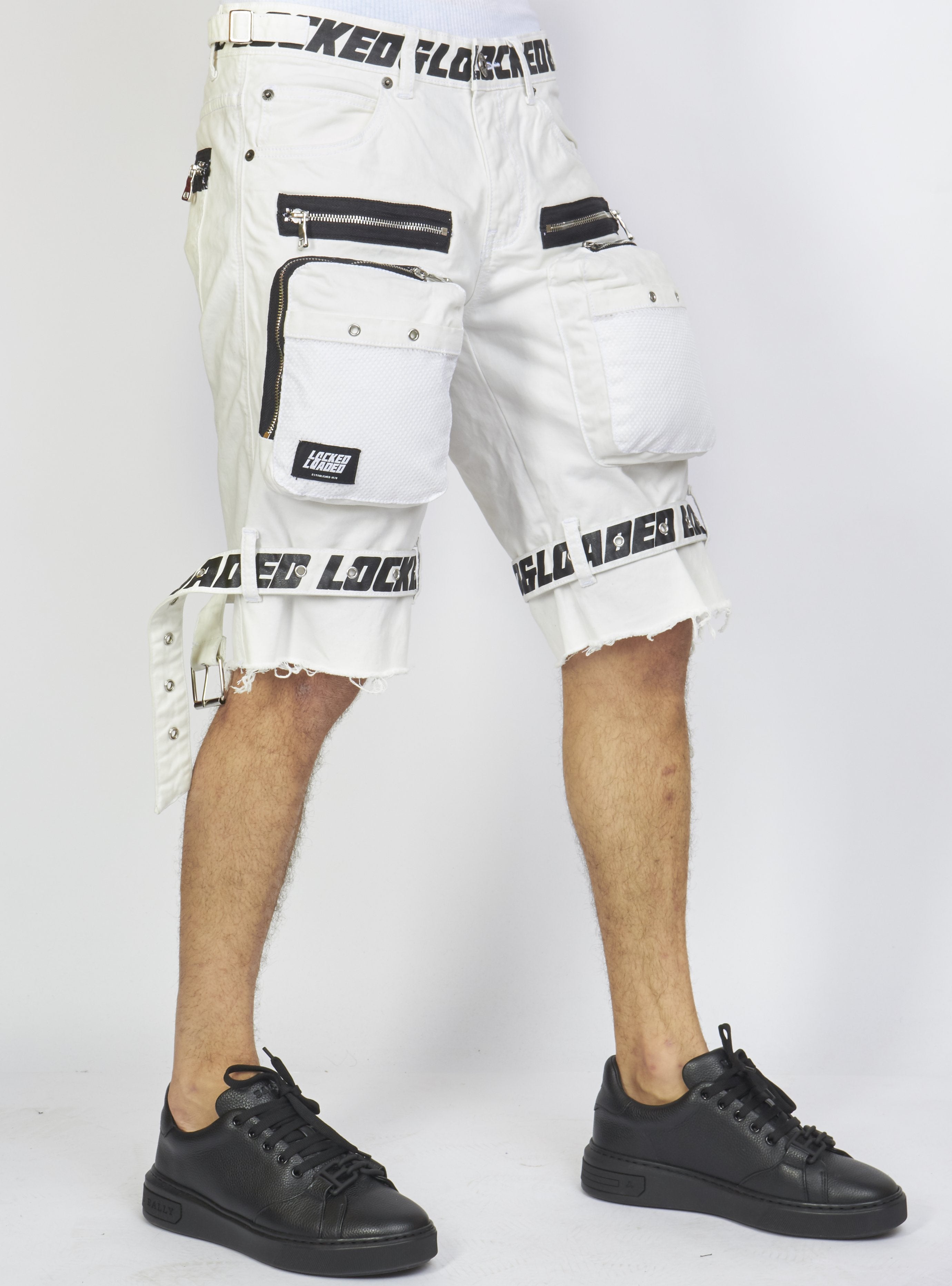 Locked & Loaded Shorts - White Cotton Twill - Featuring 3D Cargo Pockets - White / Black Print - LDS421102
