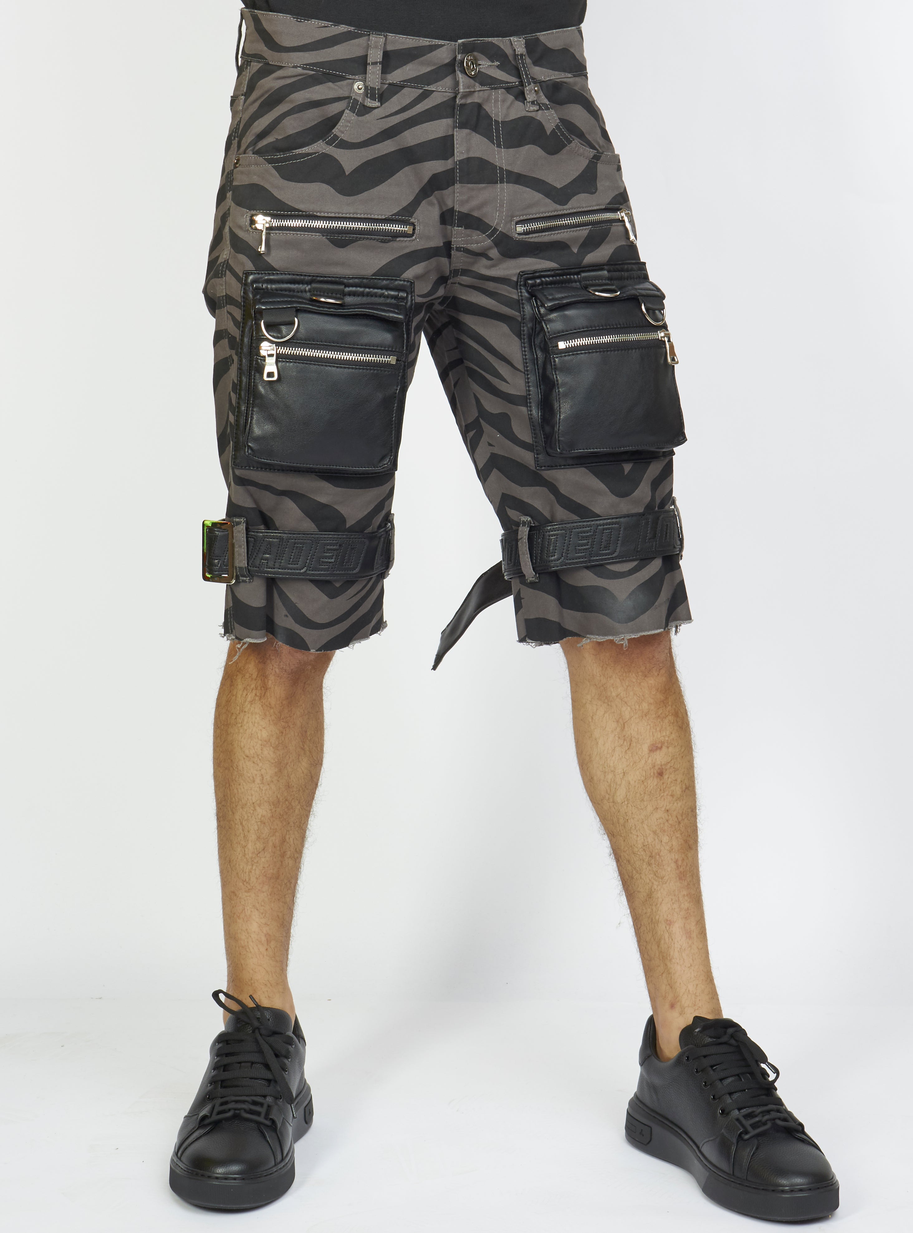Locked & Loaded Shorts - Strapped w/ Leather - Dark Grey and Black Zebra - LDS421103