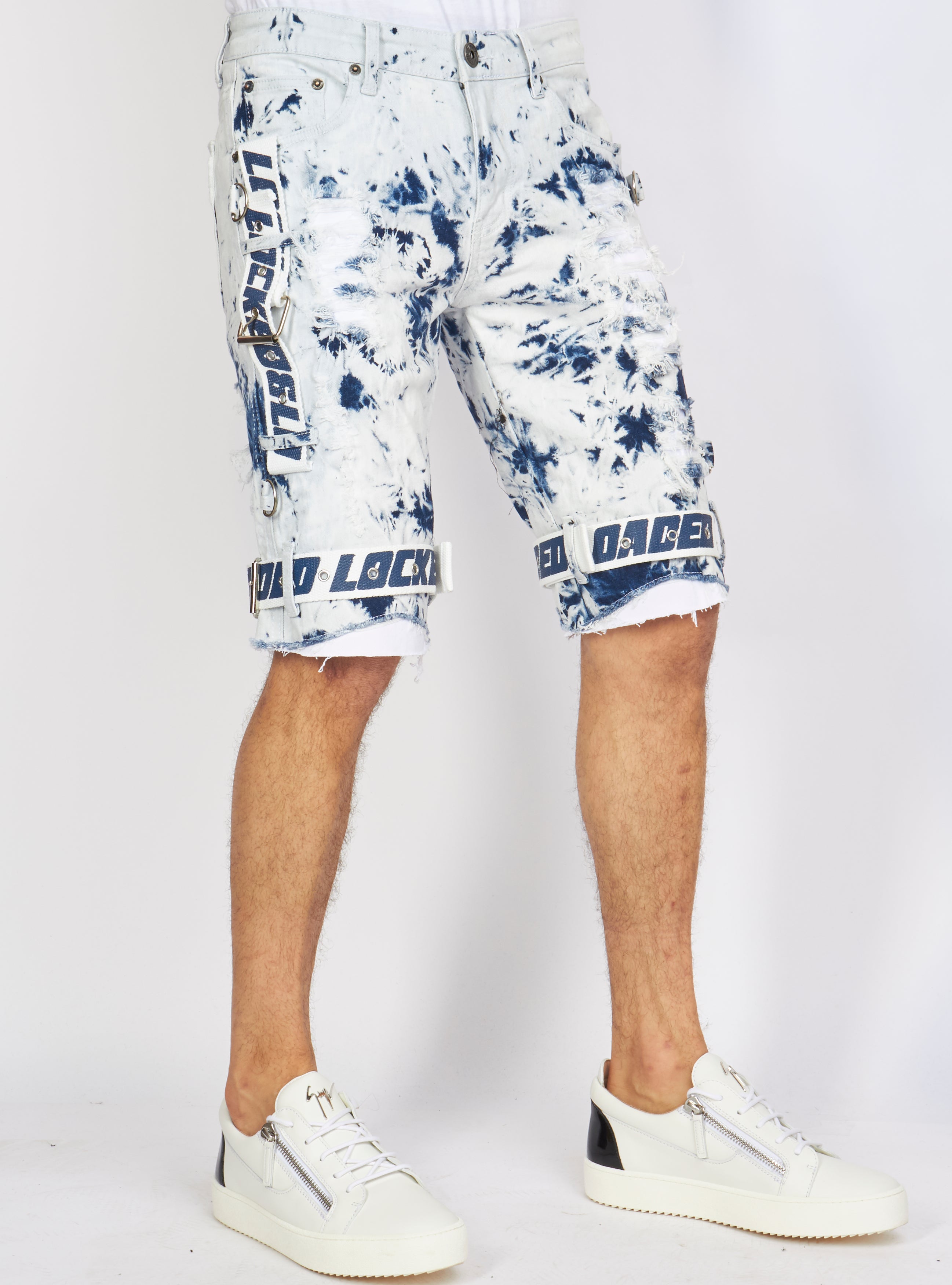 Locked & Loaded Shorts - Strapped Denim - Acid Wash with White and Blue - LDS421101
