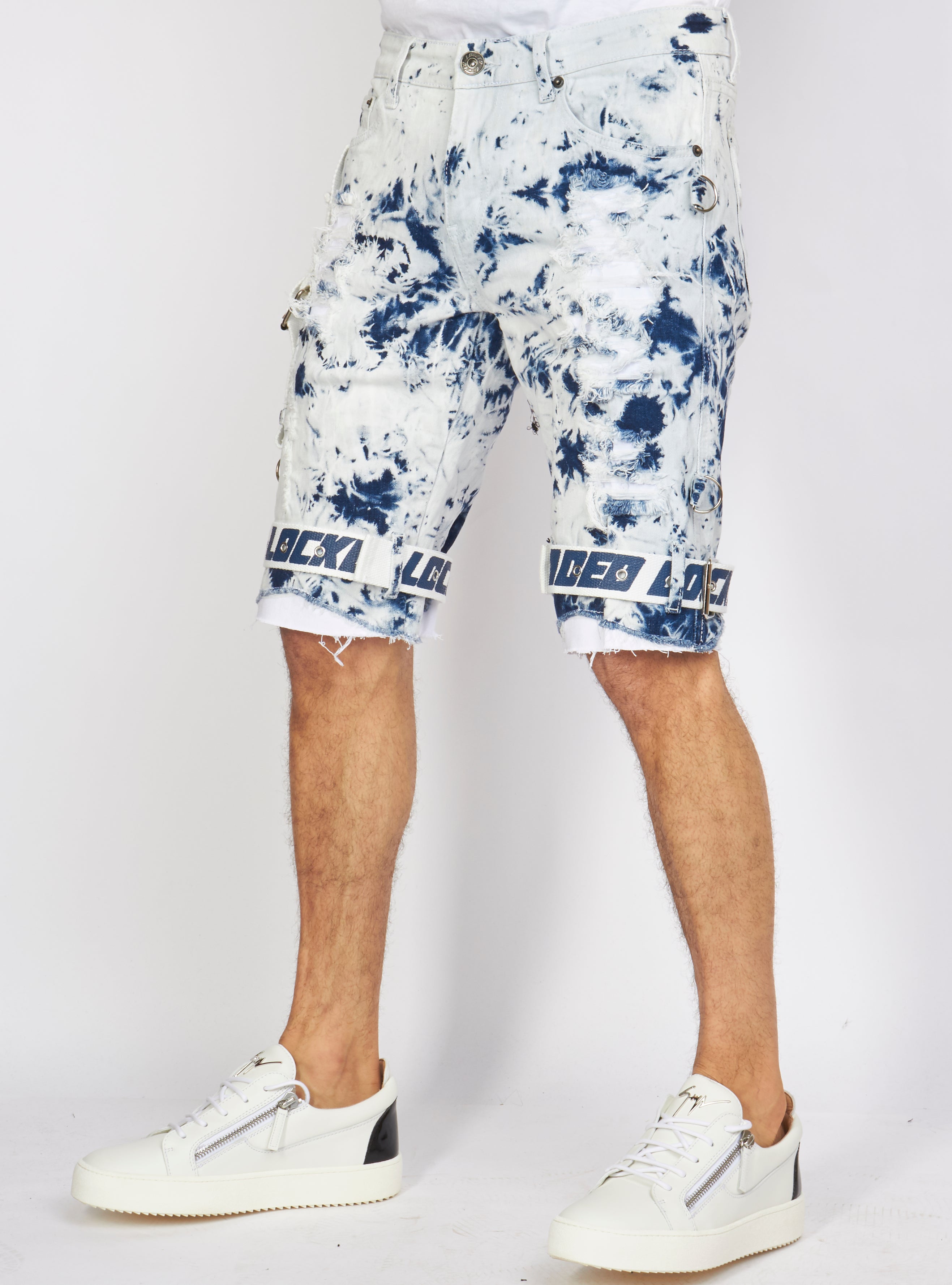 Locked & Loaded Shorts - Strapped Denim - Acid Wash with White and Blue - LDS421101