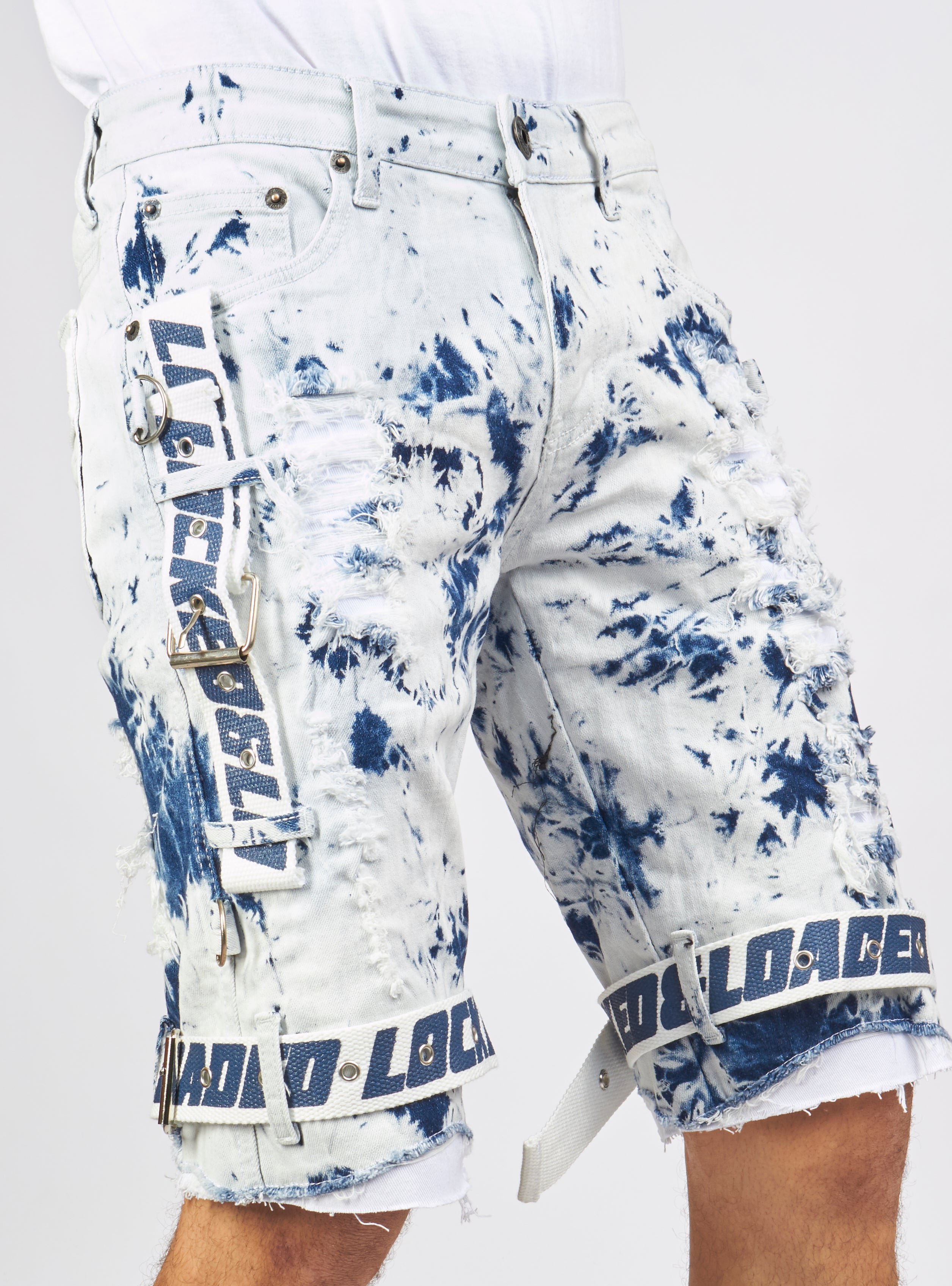 Locked & Loaded Shorts - Strapped Denim - Acid Wash with White and Blue - LDS421101