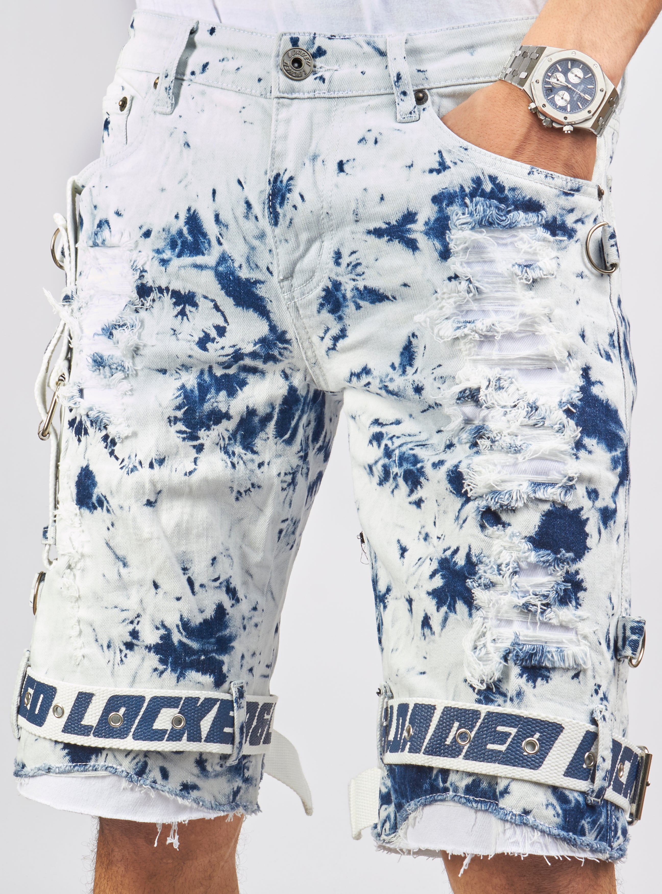 Locked & Loaded Shorts - Strapped Denim - Acid Wash with White and Blue - LDS421101