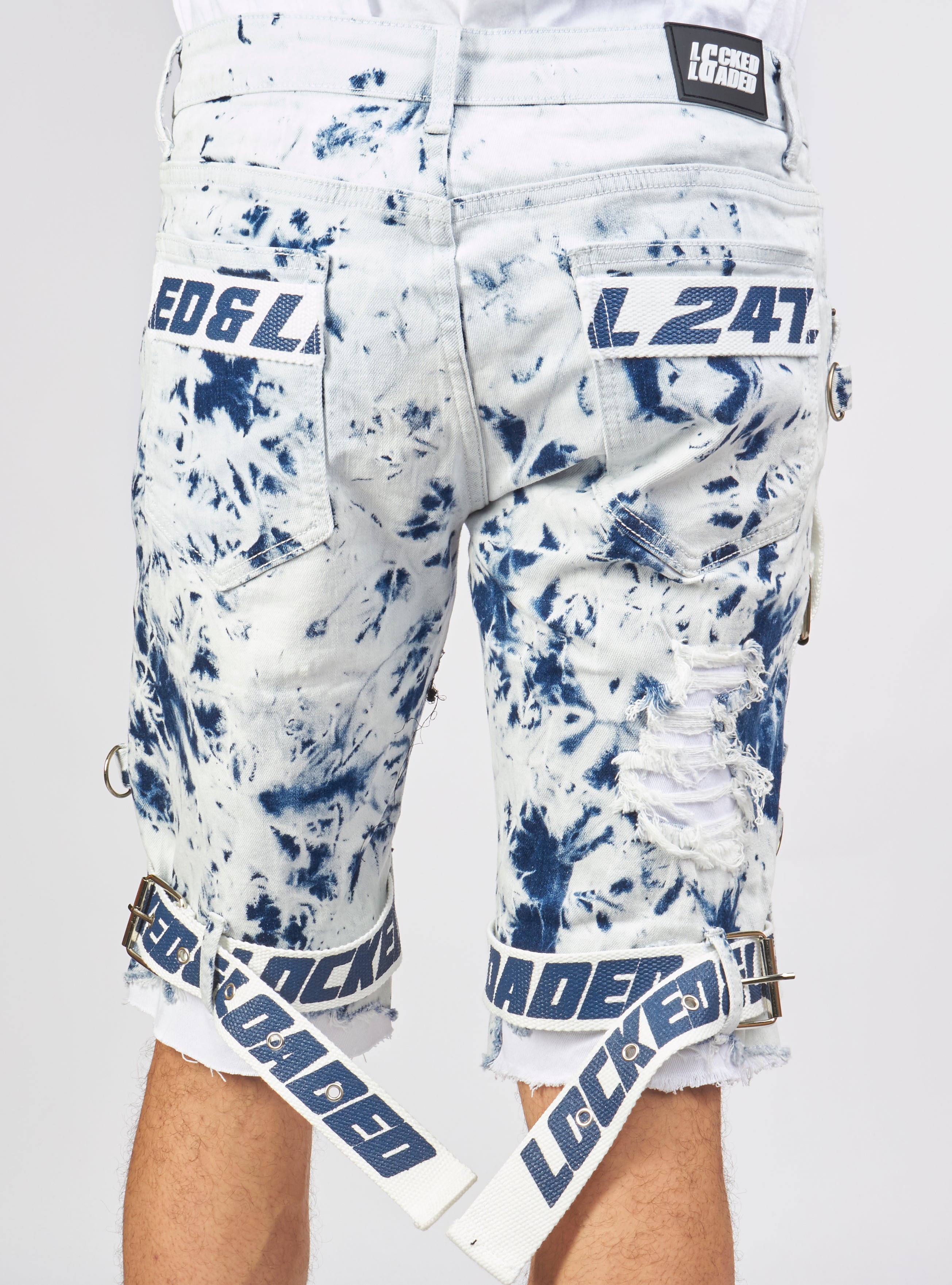 Locked & Loaded Shorts - Strapped Denim - Acid Wash with White and Blue - LDS421101