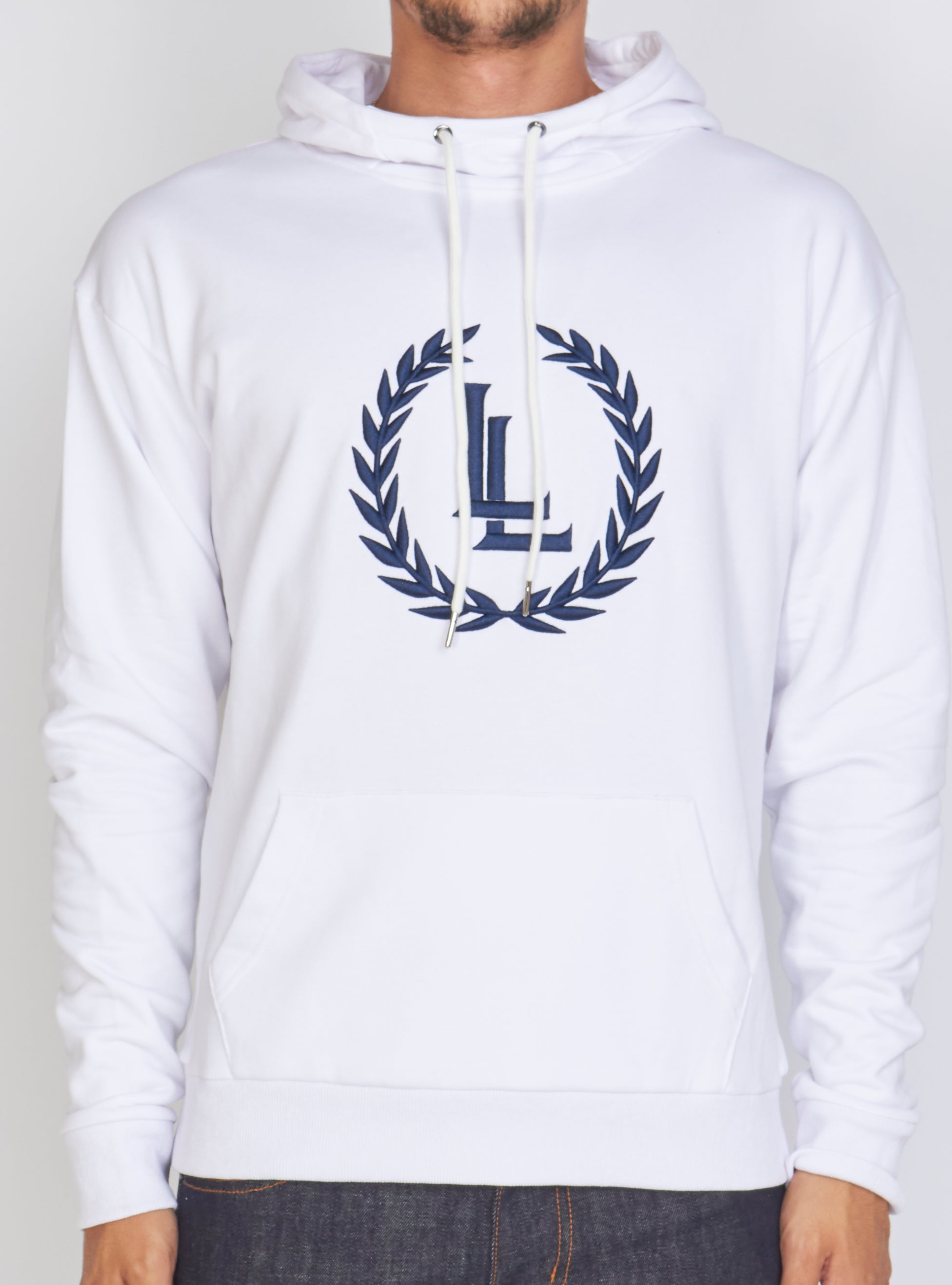 Hoodie - Crest Pullover - White and Navy - LLCH602