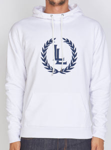 Hoodie - Crest Pullover - White and Navy - LLCH602