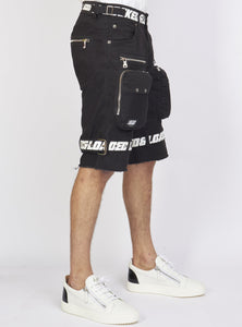 Locked & Loaded Shorts - Black Cotton Twill - Featuring 3D Cargo Pockets - Black / White Print - LDS421102