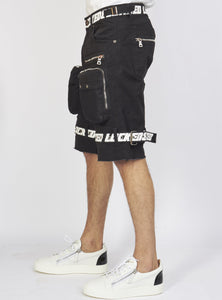 Locked & Loaded Shorts - Black Cotton Twill - Featuring 3D Cargo Pockets - Black / White Print - LDS421102