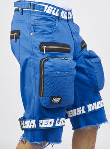 Locked & Loaded Shorts - Royal Blue Cotton Twill - Featuring 3D Cargo Pockets - Blue / White Print - LDS421102