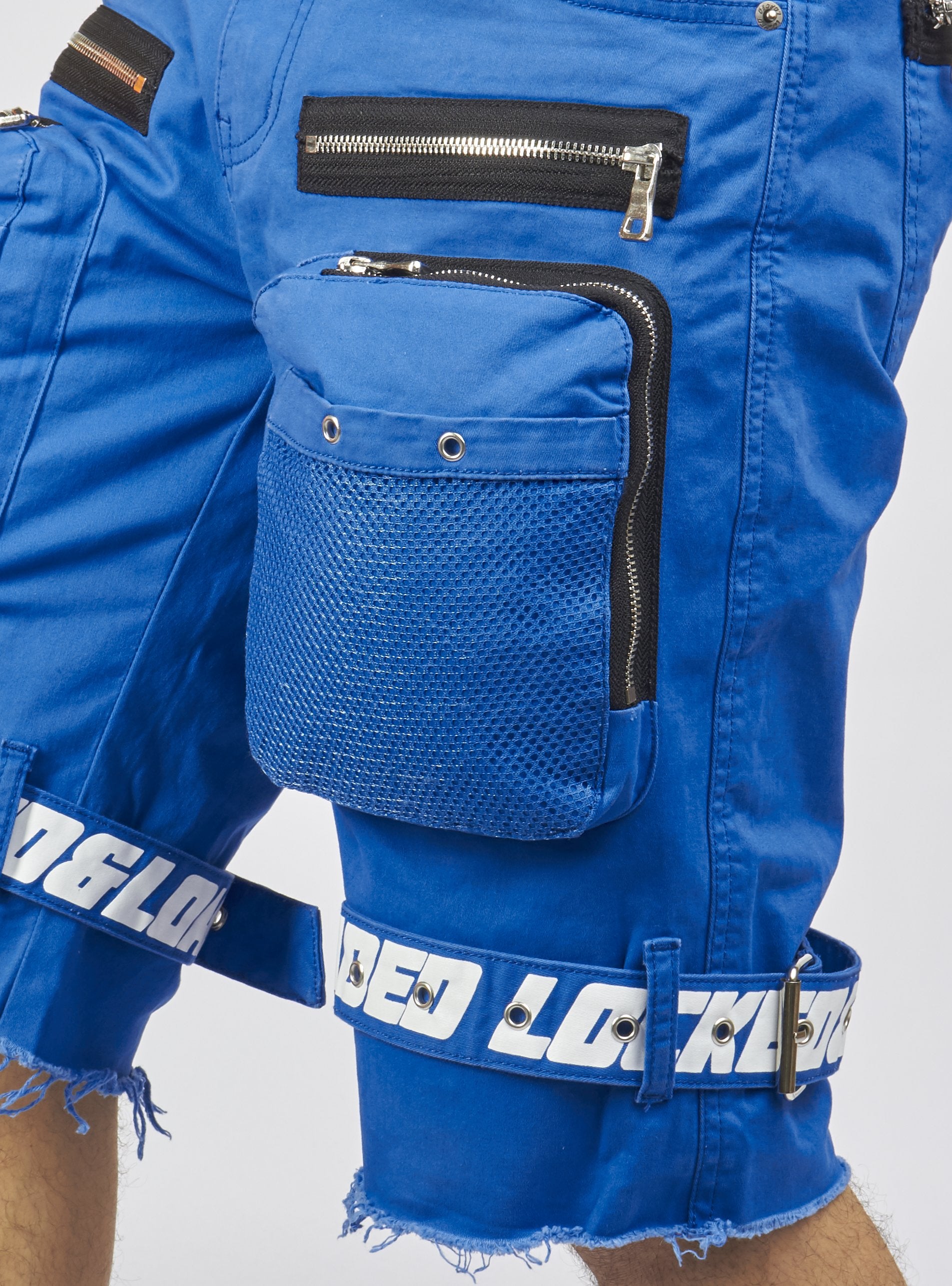 Locked & Loaded Shorts - Royal Blue Cotton Twill - Featuring 3D Cargo Pockets - Blue / White Print - LDS421102