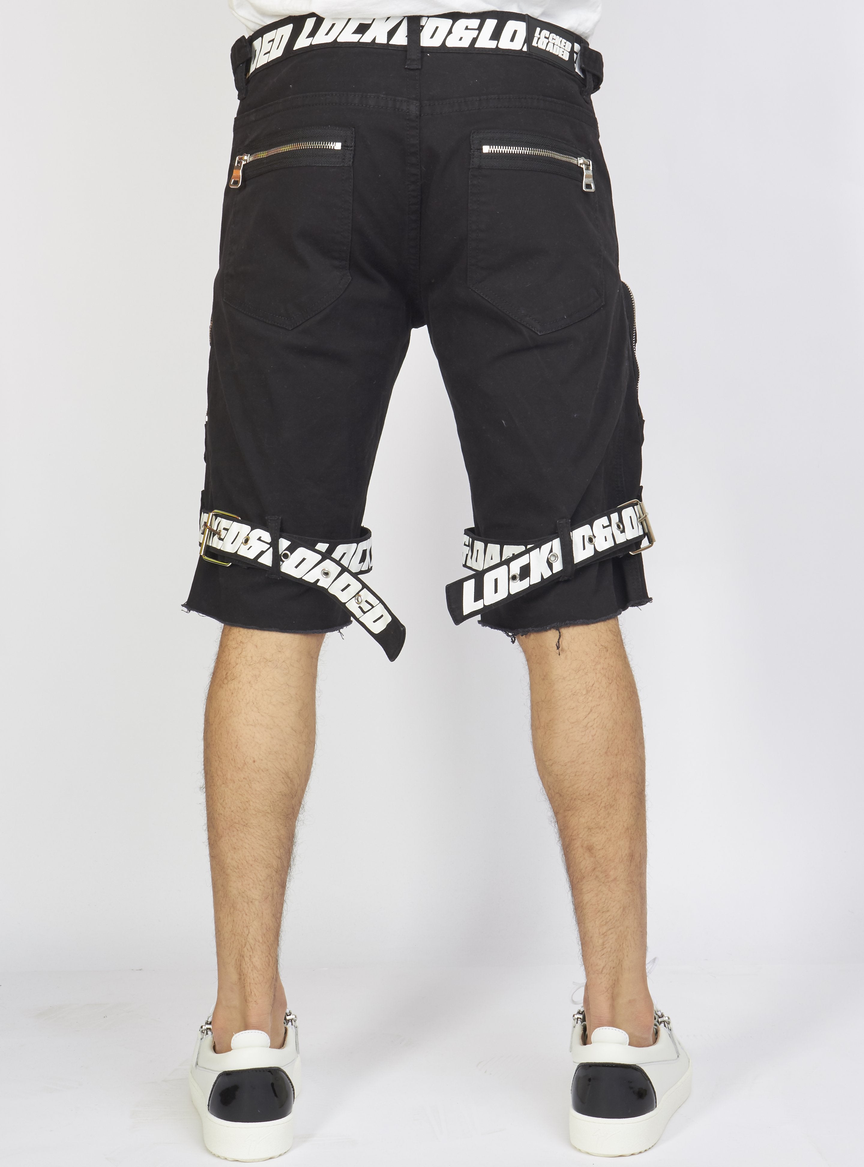 Locked & Loaded Shorts - Black Cotton Twill - Featuring 3D Cargo Pockets - Black / White Print - LDS421102