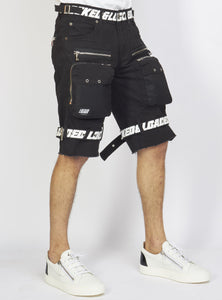 Locked & Loaded Shorts - Black Cotton Twill - Featuring 3D Cargo Pockets - Black / White Print - LDS421102