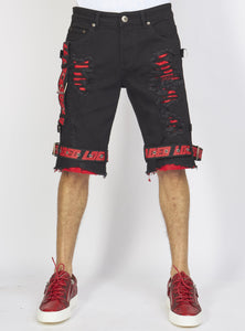 Locked & Loaded Shorts - Jet Black Denim With Red - Featuring Black / Red Straps - LDS421101