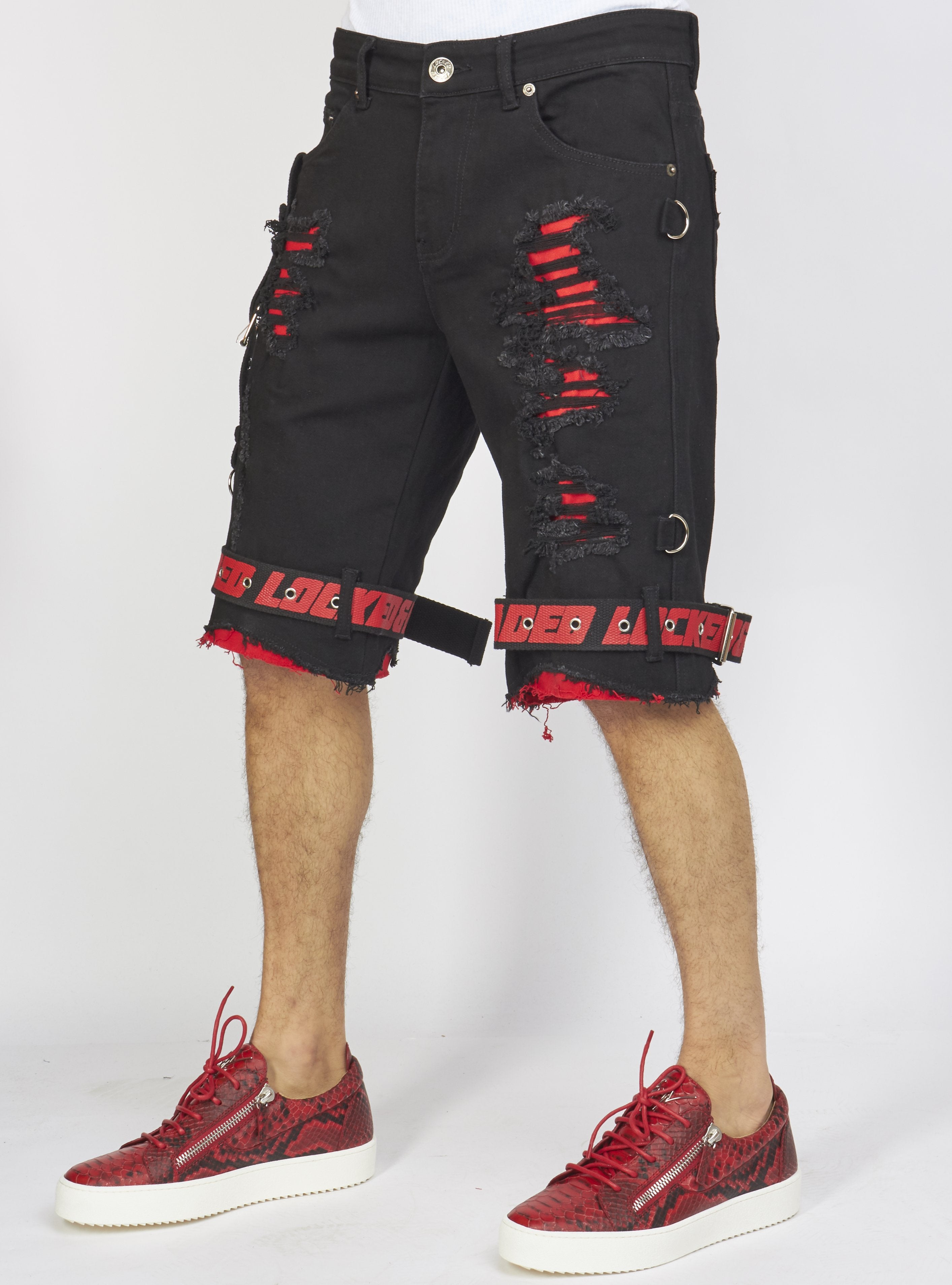 Locked & Loaded Shorts - Jet Black Denim With Red - Featuring Black / Red Straps - LDS421101