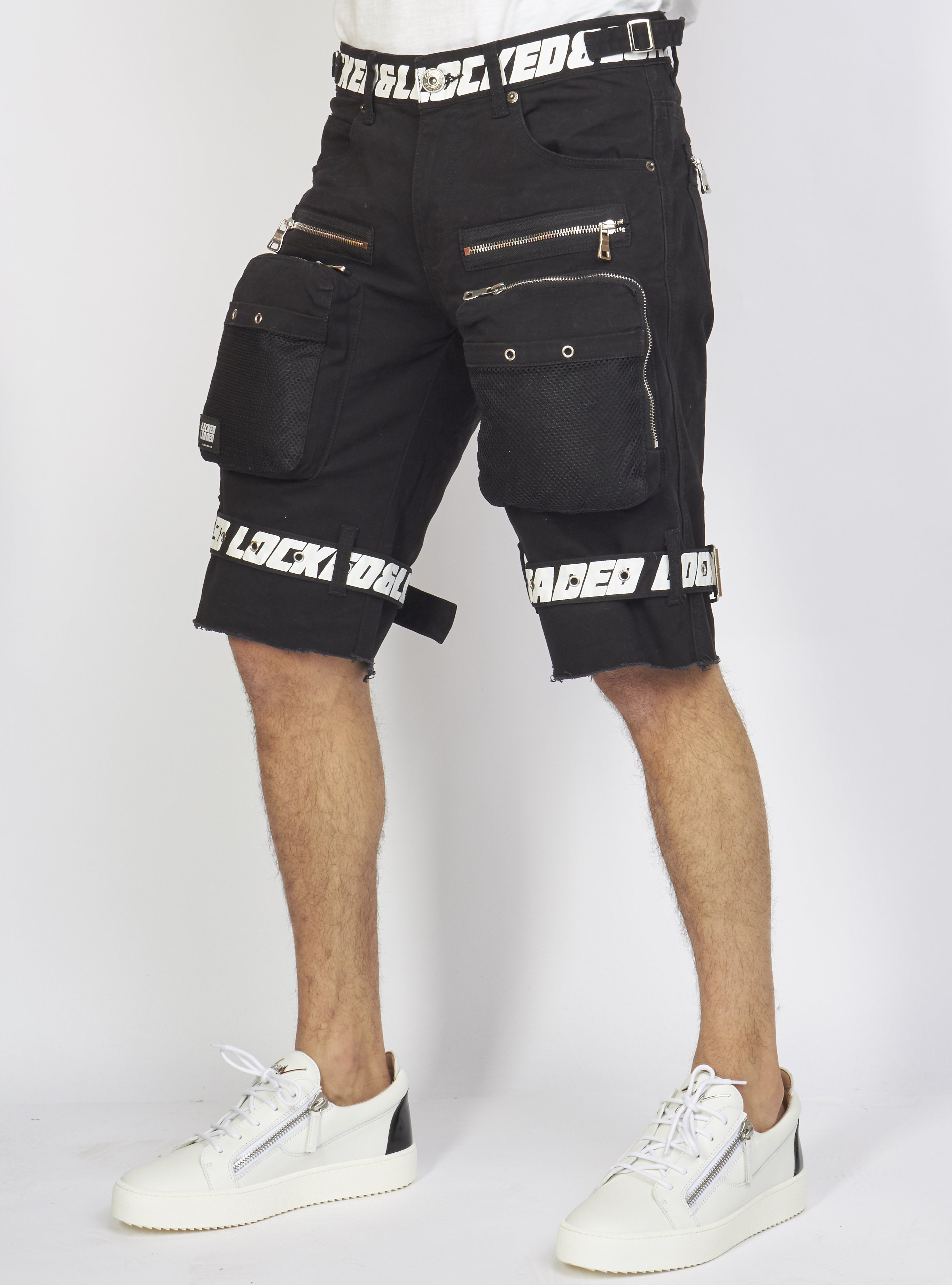 Locked & Loaded Shorts - Black Cotton Twill - Featuring 3D Cargo Pockets - Black / White Print - LDS421102