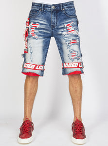 Locked & Loaded Shorts - Strapped Denim - Medium Blue with Red and White - LDS421101