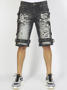 Locked & Loaded Shorts - Black Stone Wash Denim - Featuring Black/Black Straps - LDS421101