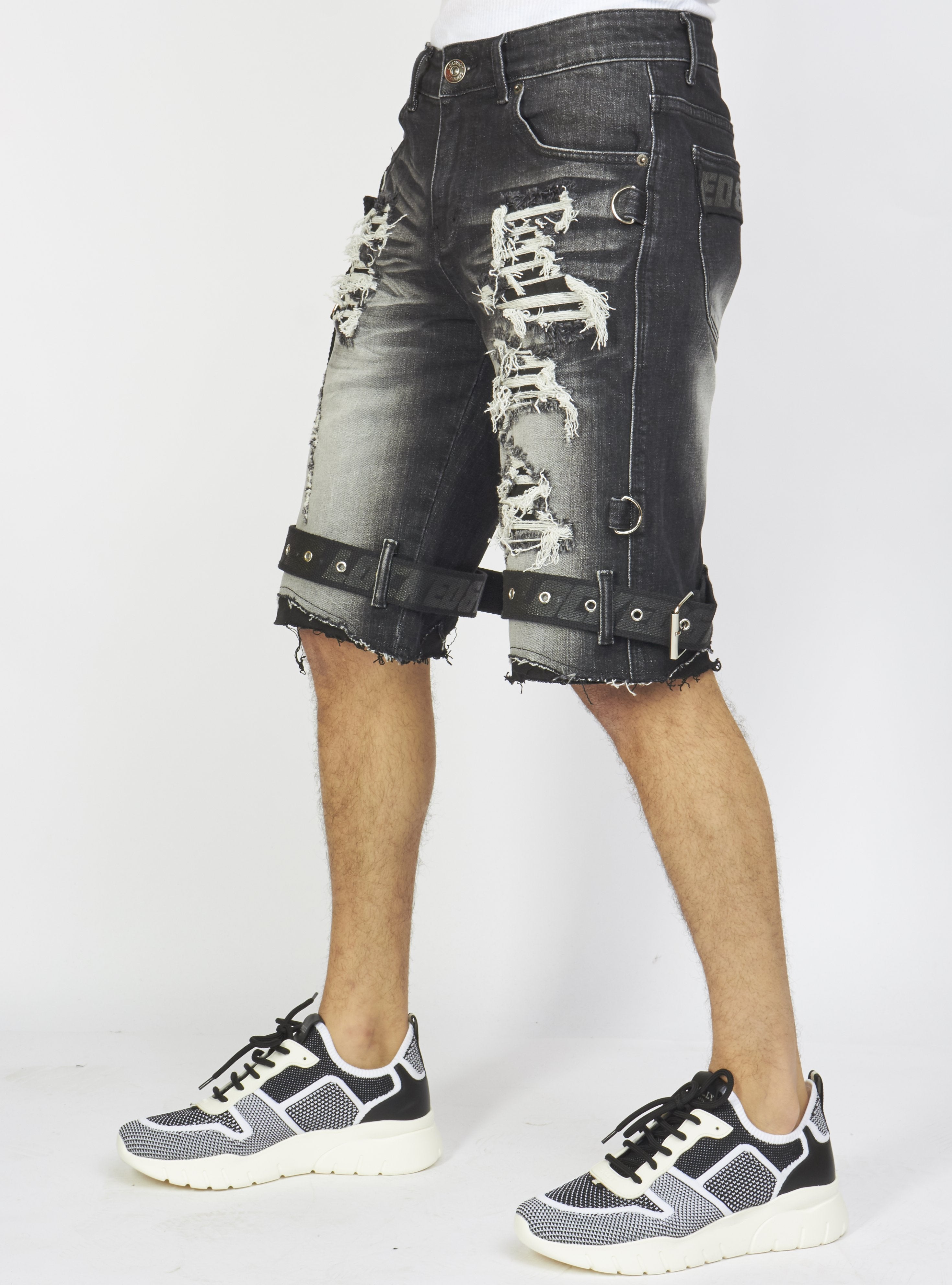 Locked & Loaded Shorts - Black Stone Wash Denim - Featuring Black/Black Straps - LDS421101