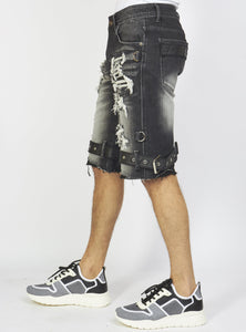 Locked & Loaded Shorts - Black Stone Wash Denim - Featuring Black/Black Straps - LDS421101