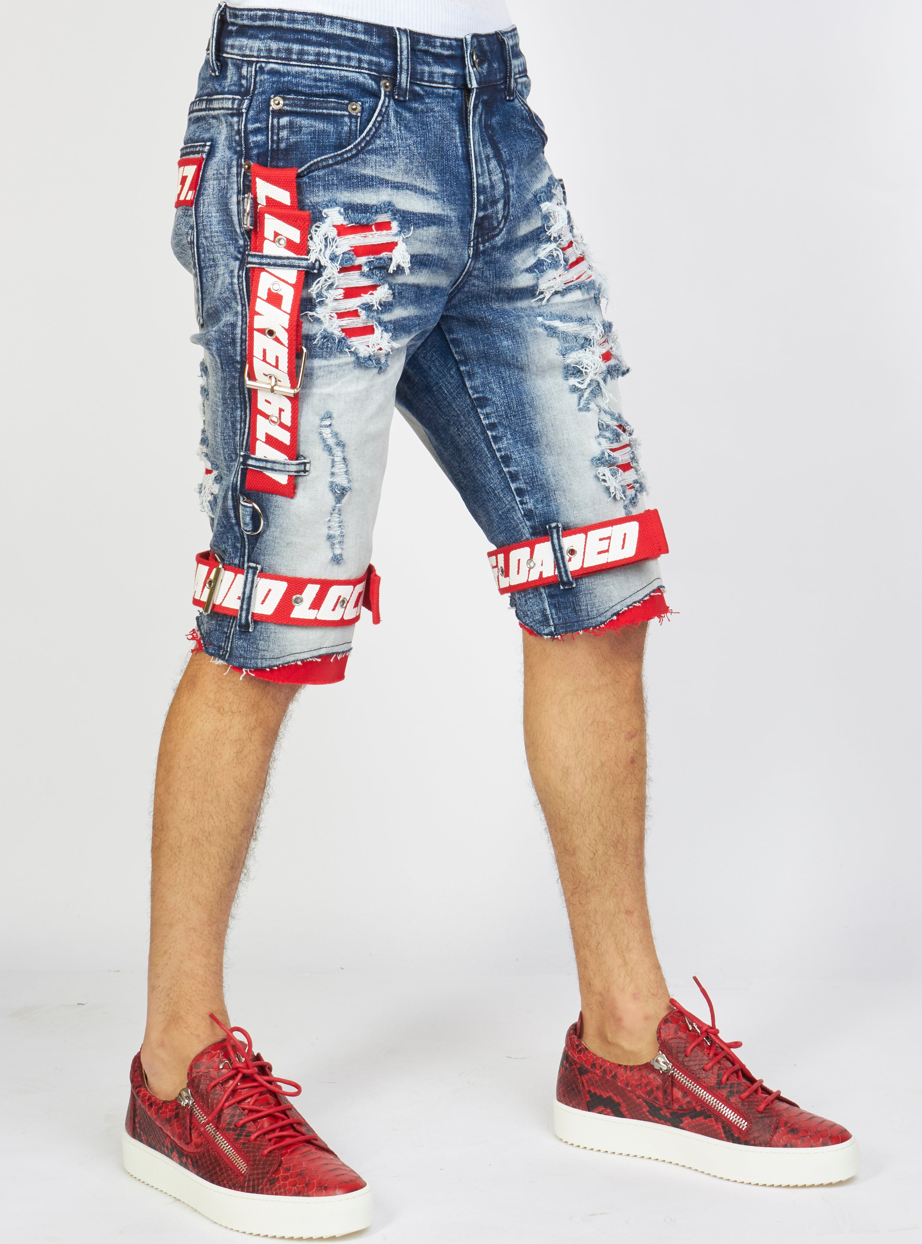 Locked & Loaded Shorts - Strapped Denim - Medium Blue with Red and White - LDS421101