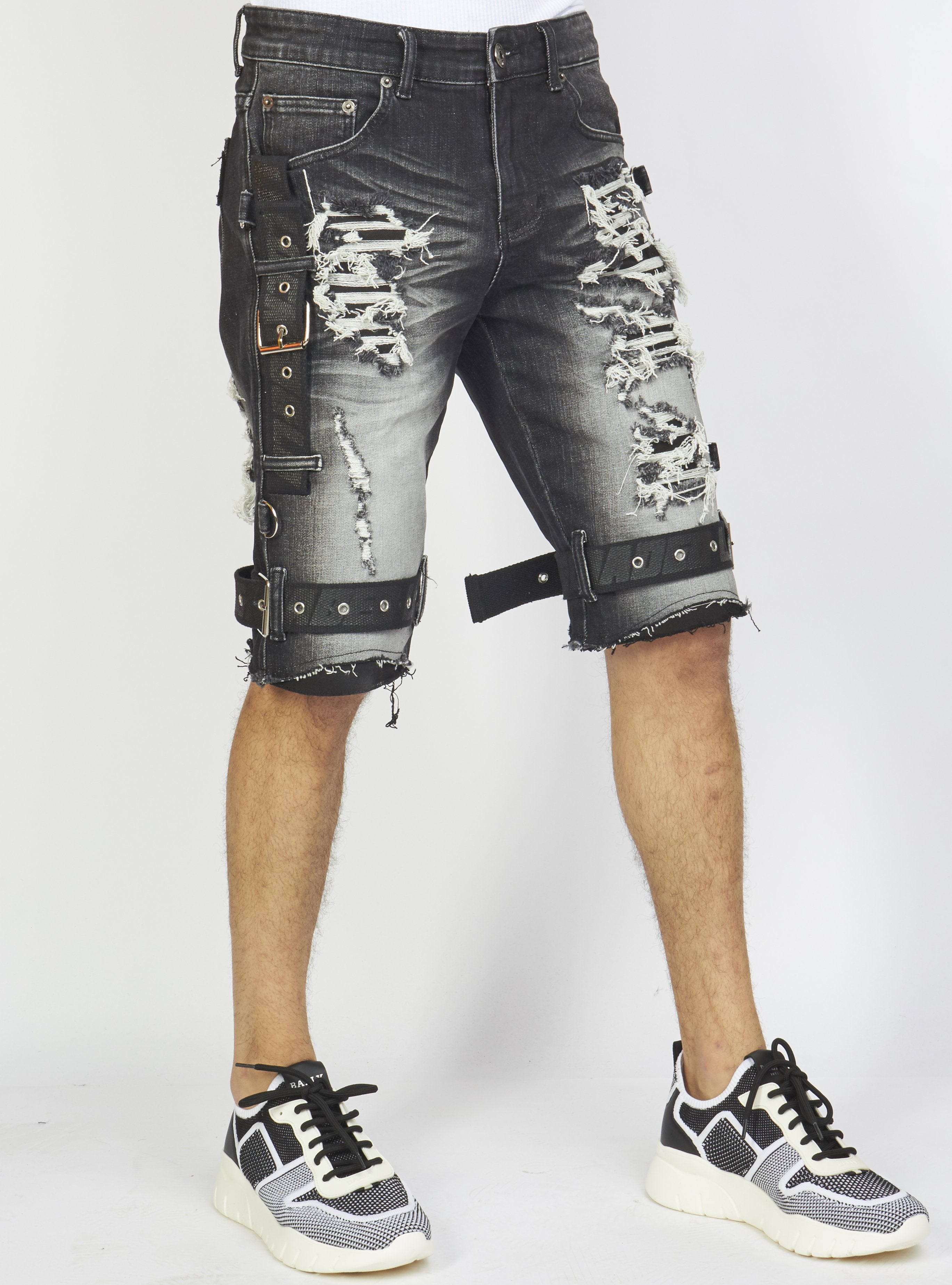 Locked & Loaded Shorts - Black Stone Wash Denim - Featuring Black/Black Straps - LDS421101