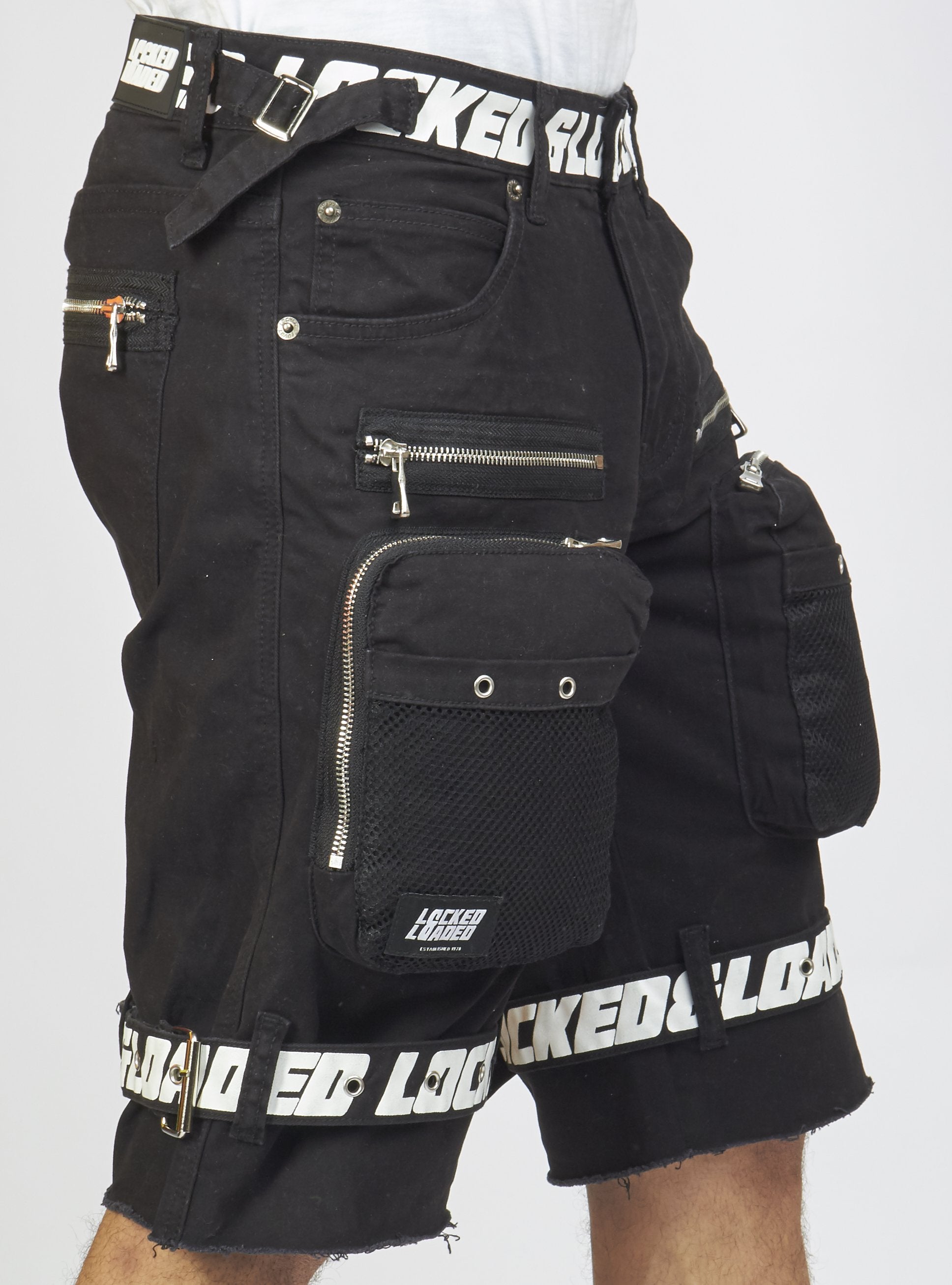 Locked & Loaded Shorts - Black Cotton Twill - Featuring 3D Cargo Pockets - Black / White Print - LDS421102