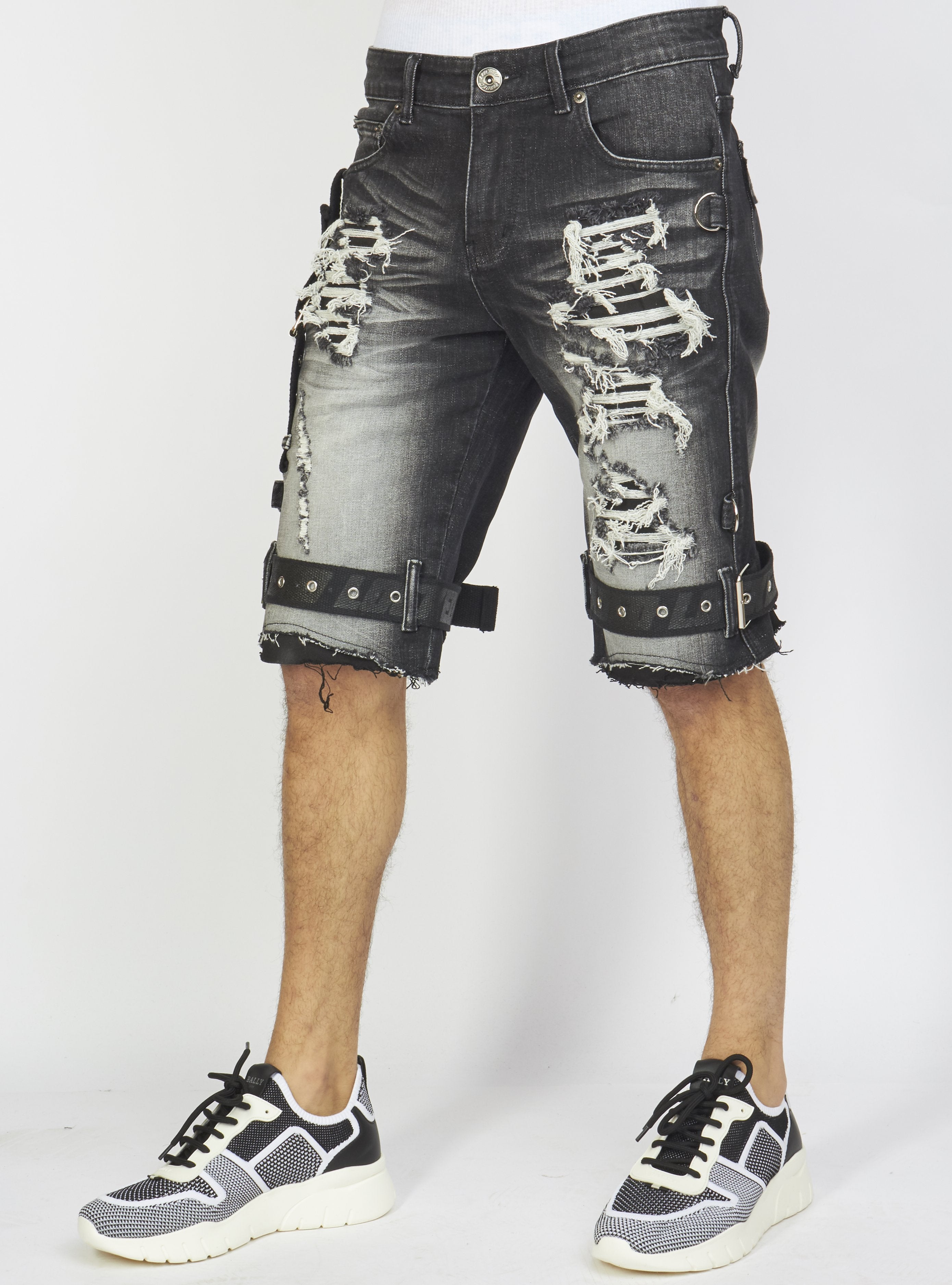 Locked & Loaded Shorts - Black Stone Wash Denim - Featuring Black/Black Straps - LDS421101