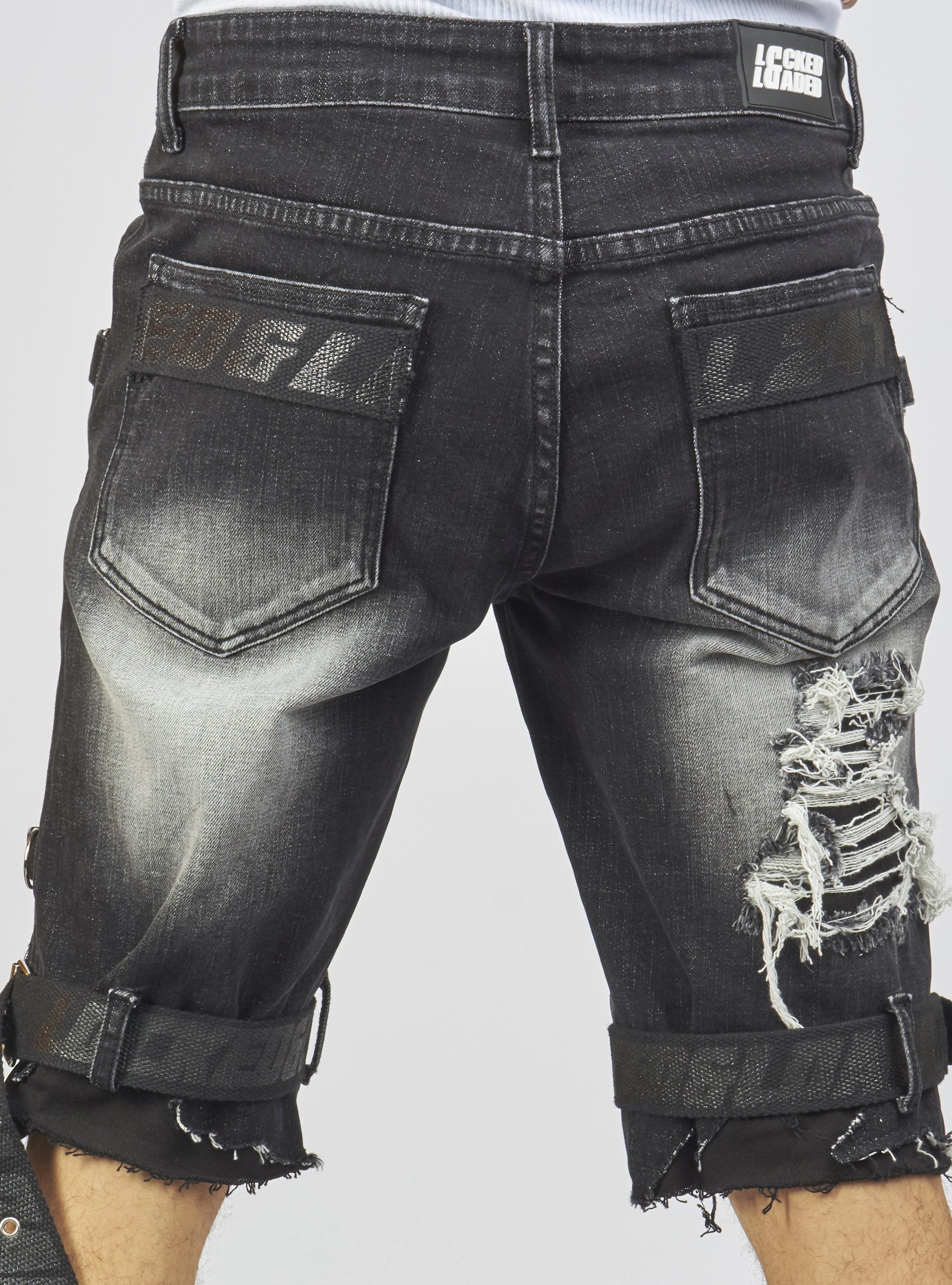 Locked & Loaded Shorts - Black Stone Wash Denim - Featuring Black/Black Straps - LDS421101