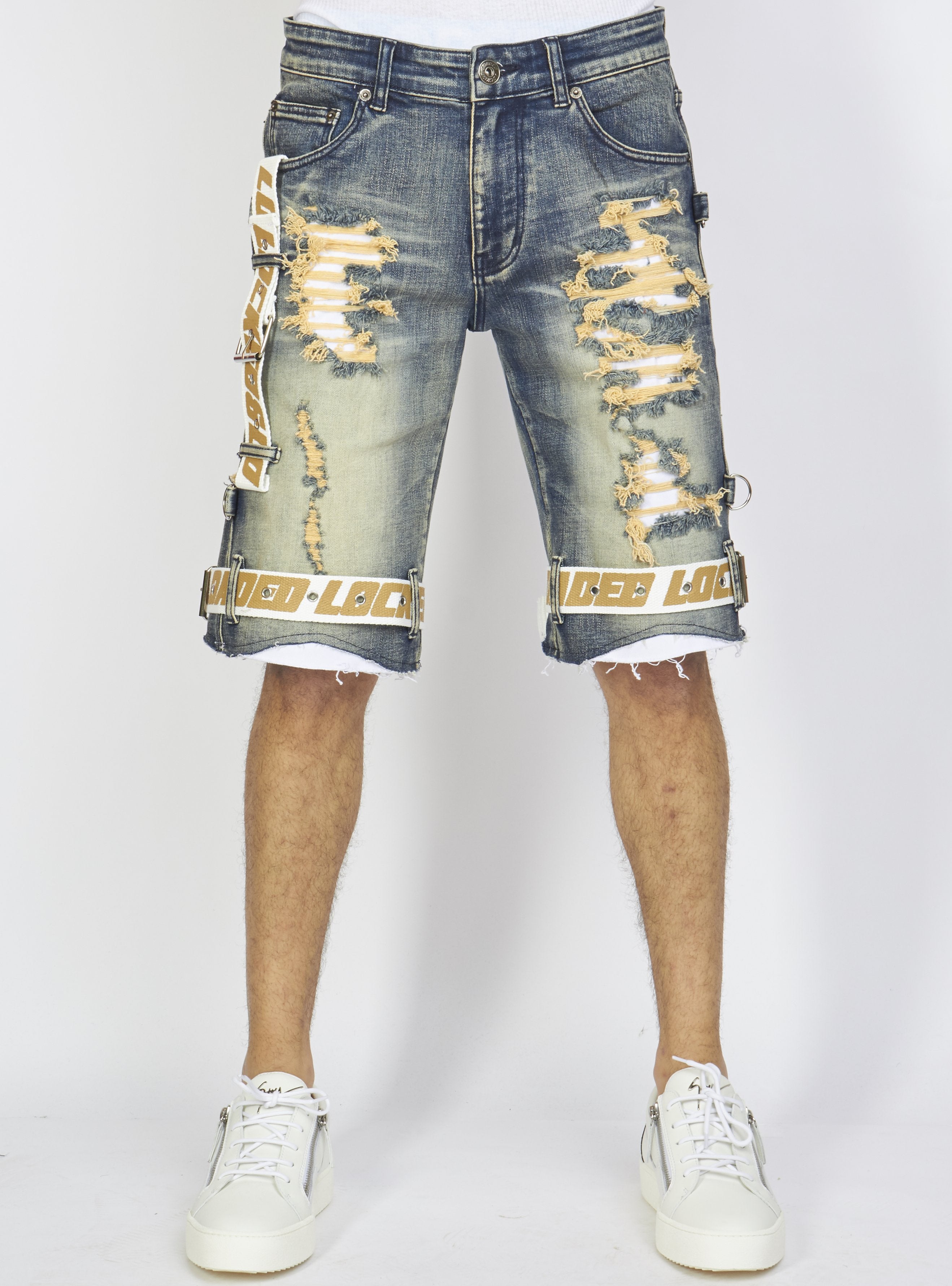 Locked & Loaded Shorts - Vintage Blue Wash Denim - Featuring White / Khaki Straps - LDS421101