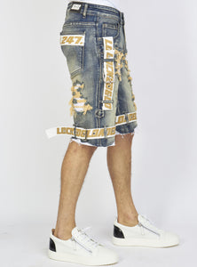 Locked & Loaded Shorts - Vintage Blue Wash Denim - Featuring White / Khaki Straps - LDS421101