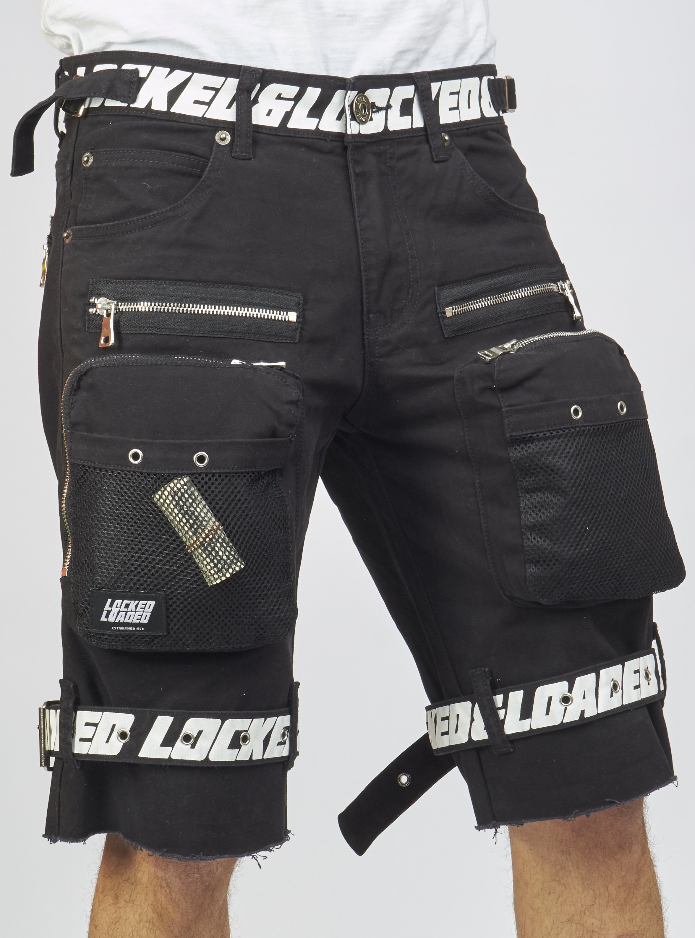 Locked & Loaded Shorts - Black Cotton Twill - Featuring 3D Cargo Pockets - Black / White Print - LDS421102