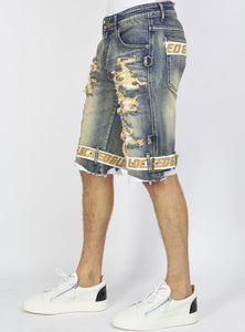 Locked & Loaded Shorts - Vintage Blue Wash Denim - Featuring White / Khaki Straps - LDS421101