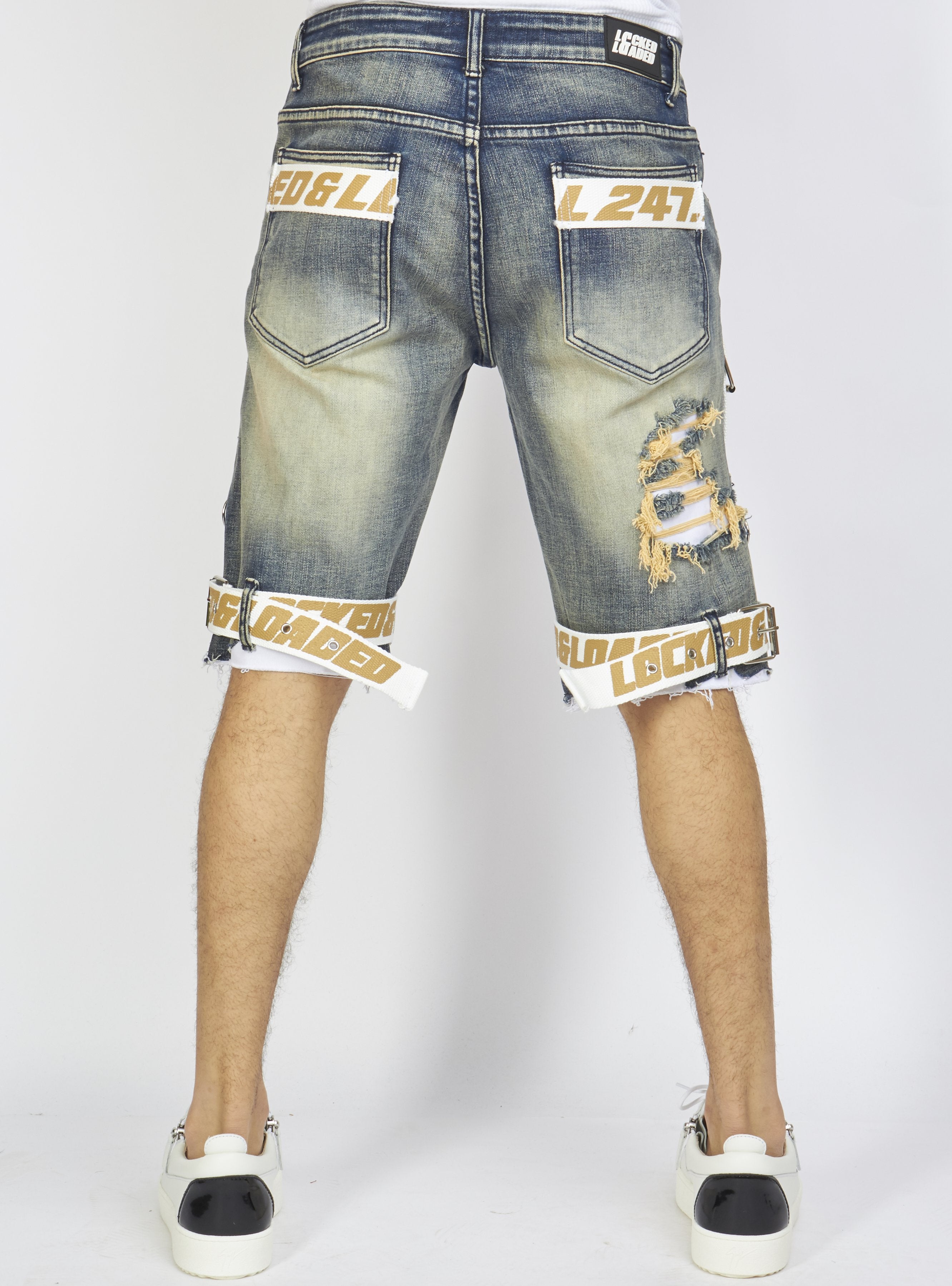 Locked & Loaded Shorts - Vintage Blue Wash Denim - Featuring White / Khaki Straps - LDS421101