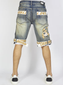Locked & Loaded Shorts - Vintage Blue Wash Denim - Featuring White / Khaki Straps - LDS421101