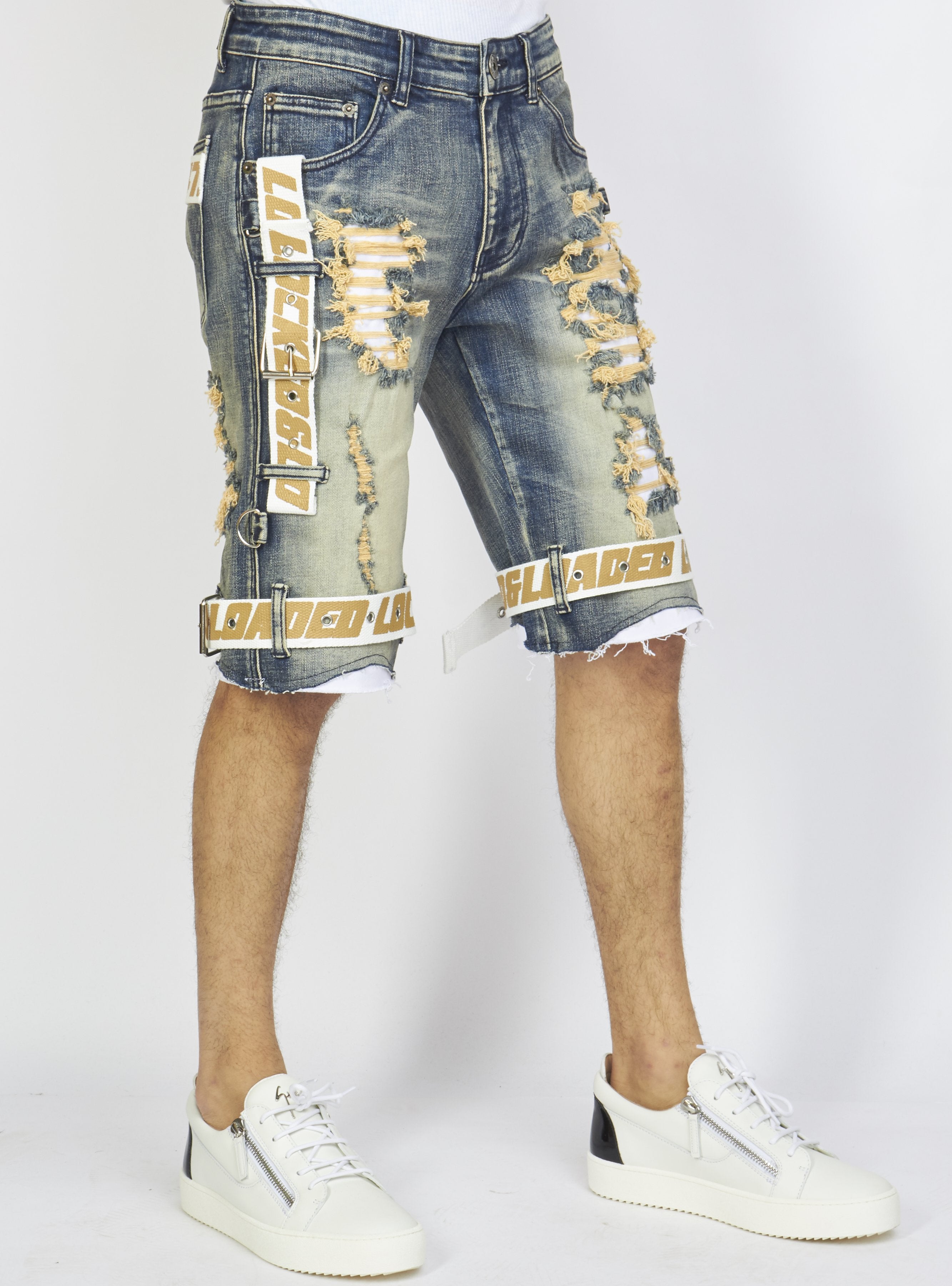 Locked & Loaded Shorts - Vintage Blue Wash Denim - Featuring White / Khaki Straps - LDS421101