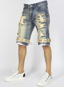 Locked & Loaded Shorts - Vintage Blue Wash Denim - Featuring White / Khaki Straps - LDS421101