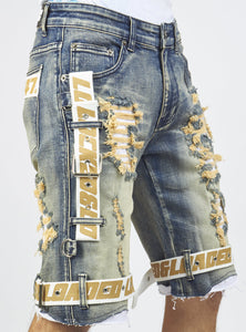 Locked & Loaded Shorts - Vintage Blue Wash Denim - Featuring White / Khaki Straps - LDS421101