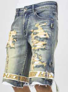 Locked & Loaded Shorts - Vintage Blue Wash Denim - Featuring White / Khaki Straps - LDS421101