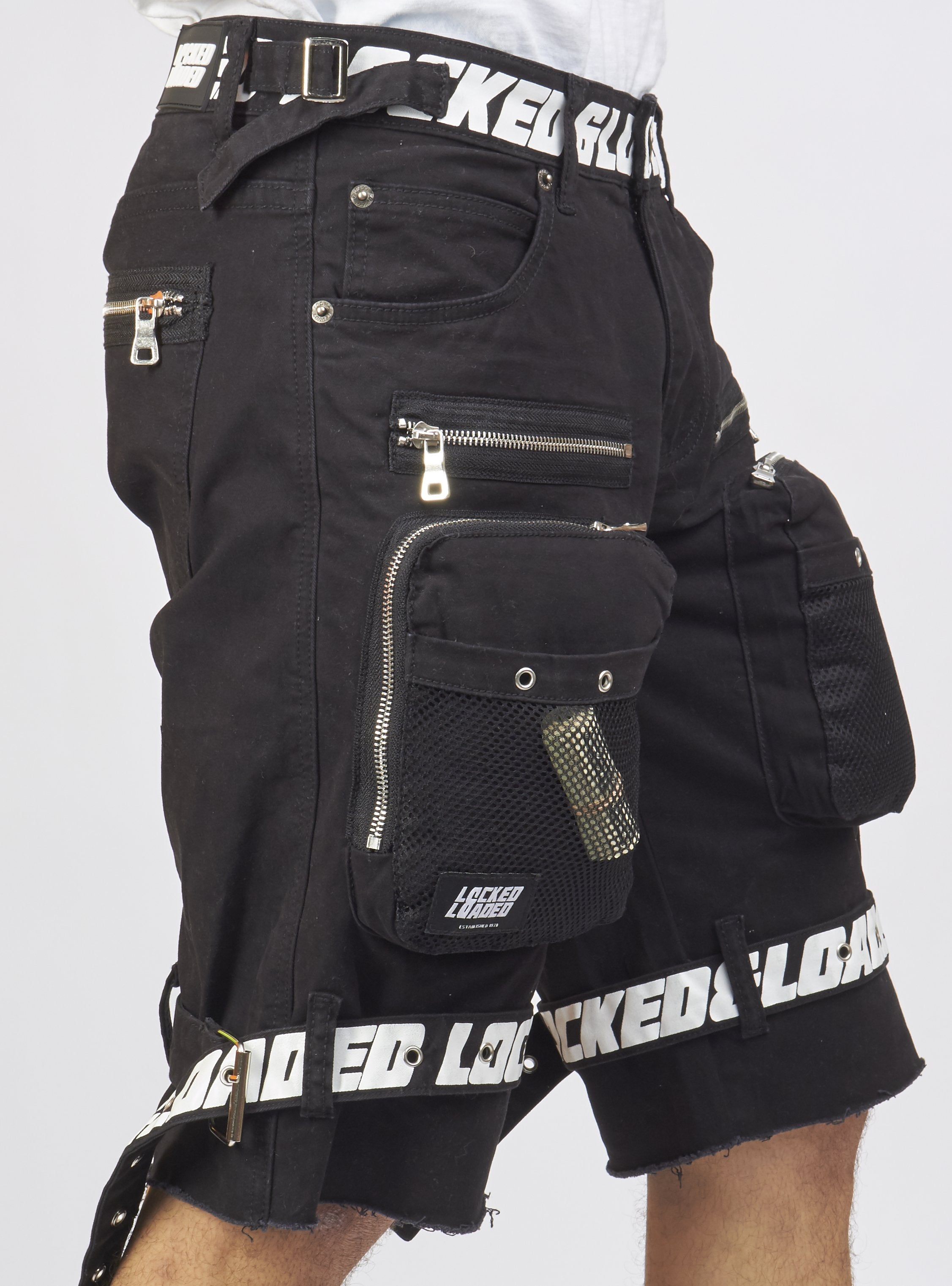Locked & Loaded Shorts - Black Cotton Twill - Featuring 3D Cargo Pockets - Black / White Print - LDS421102