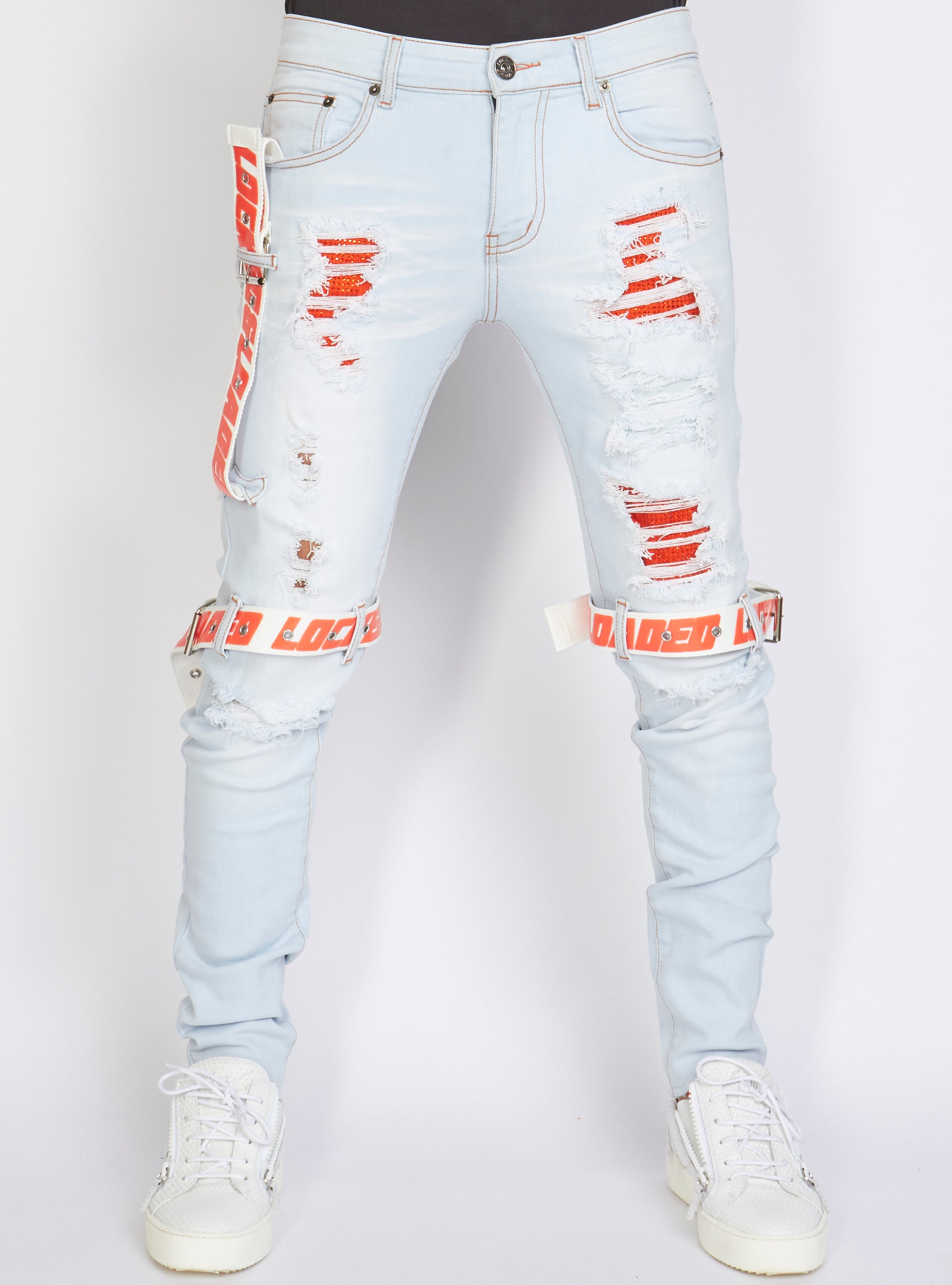 Locked & Loaded Jeans - Straps - Light Wash And Orange - LLCDP0925569