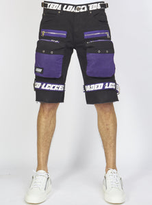 Locked & Loaded Shorts - Black Cotton Twill - Featuring 3D Cargo Pockets - Purple / White Print  - LDS421102
