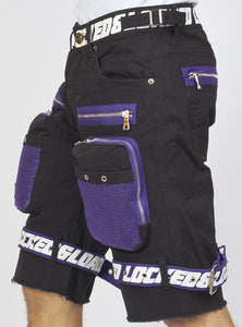 Locked & Loaded Shorts - Black Cotton Twill - Featuring 3D Cargo Pockets - Purple / White Print  - LDS421102