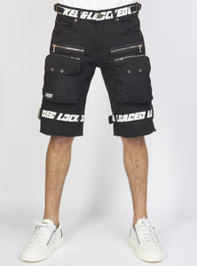 Locked & Loaded Shorts - Black Cotton Twill - Featuring 3D Cargo Pockets - Black / White Print - LDS421102